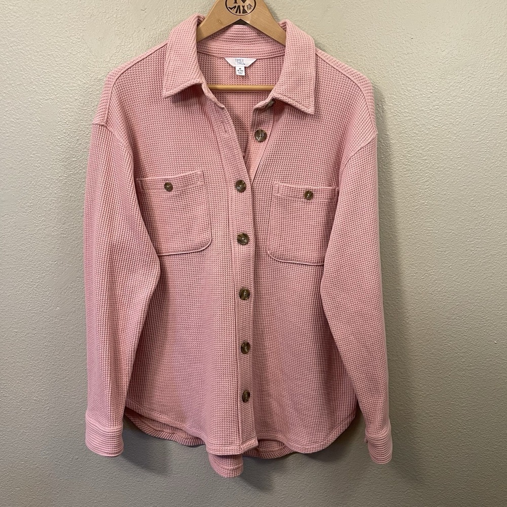 Time & Tru Women's Pink‎ Waffle Knit Shacket Jacket Oversized Cotton Blend Sz L